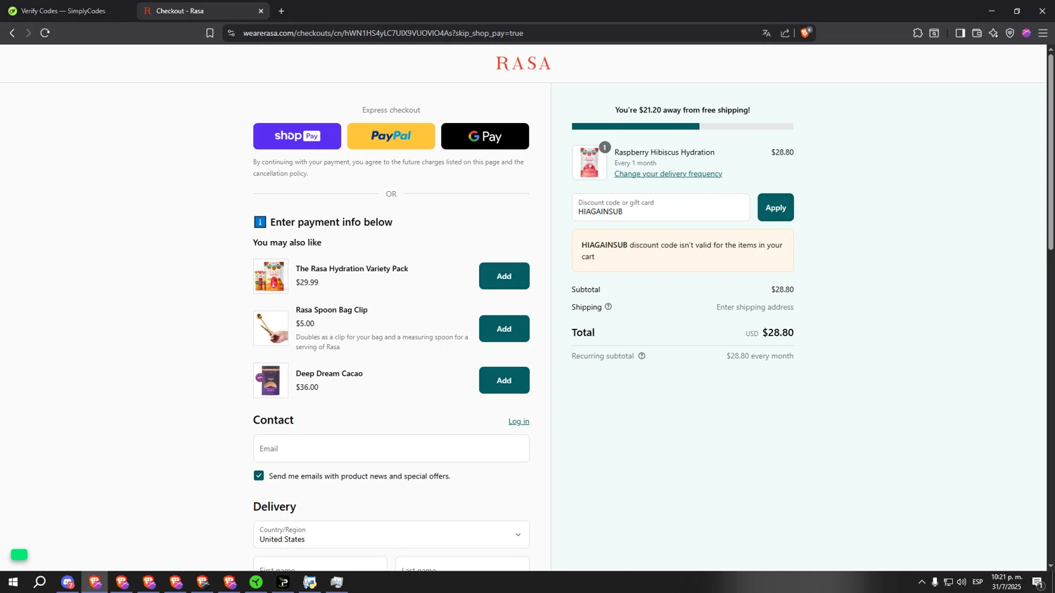 Rasa discount code screenshot showing code HIAGAINSUB applied at Rasa checkout page. Uploaded by SimplyCodes community member kkkkkkkkkkkkkkkkkkkk on Aug 1, 2025