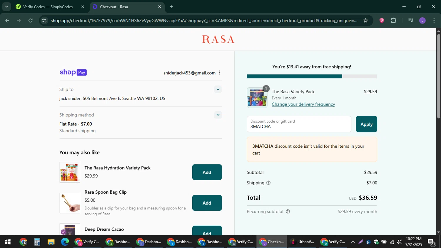 Rasa discount code screenshot showing code 3MATCHA applied at Rasa checkout page. Uploaded by SimplyCodes community member sniderjack453 on Aug 1, 2025