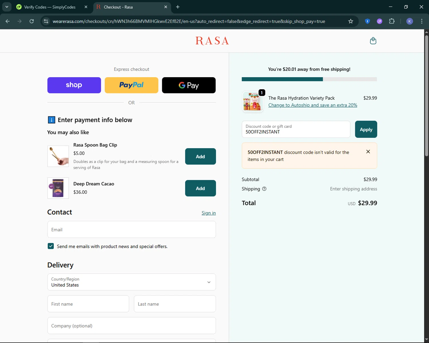 Rasa discount code screenshot showing code 50OFF2INSTANT applied at Rasa checkout page. Uploaded by SimplyCodes community member KevLapage on Oct 3, 2025