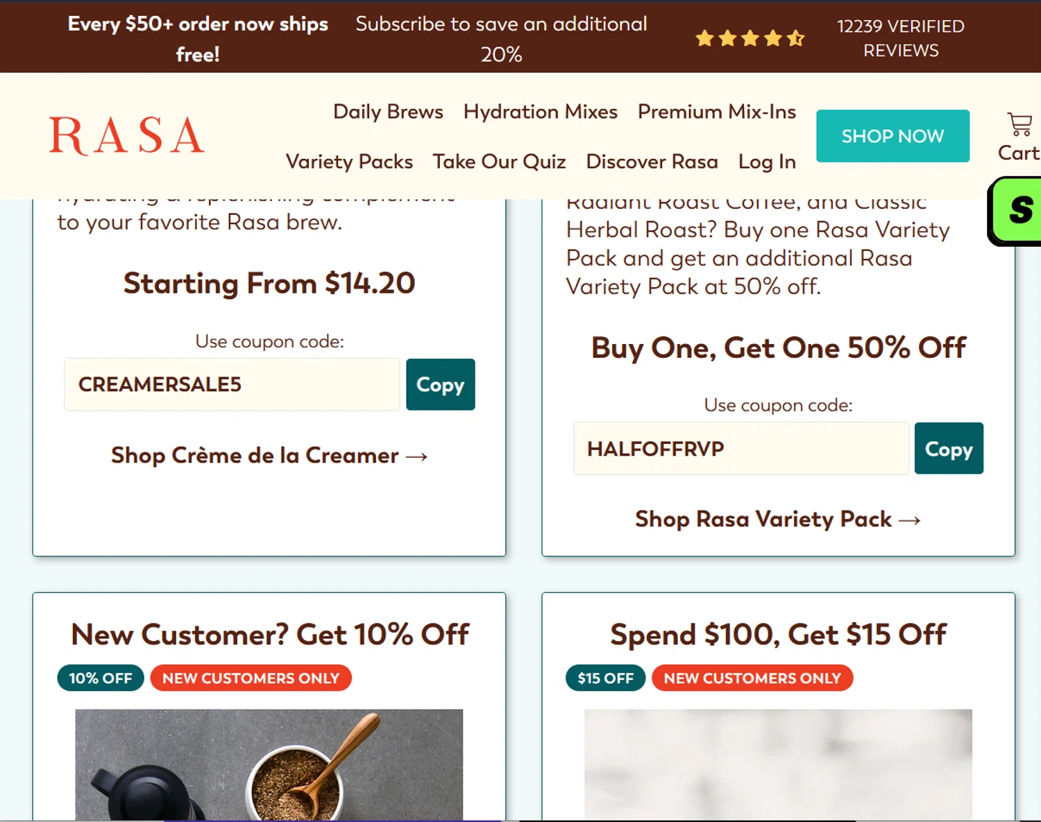 Rasa discount code screenshot showing code 50OFF2INSTANT applied at Rasa checkout page. Uploaded by SimplyCodes community member ValiantLion5897 on Oct 3, 2025