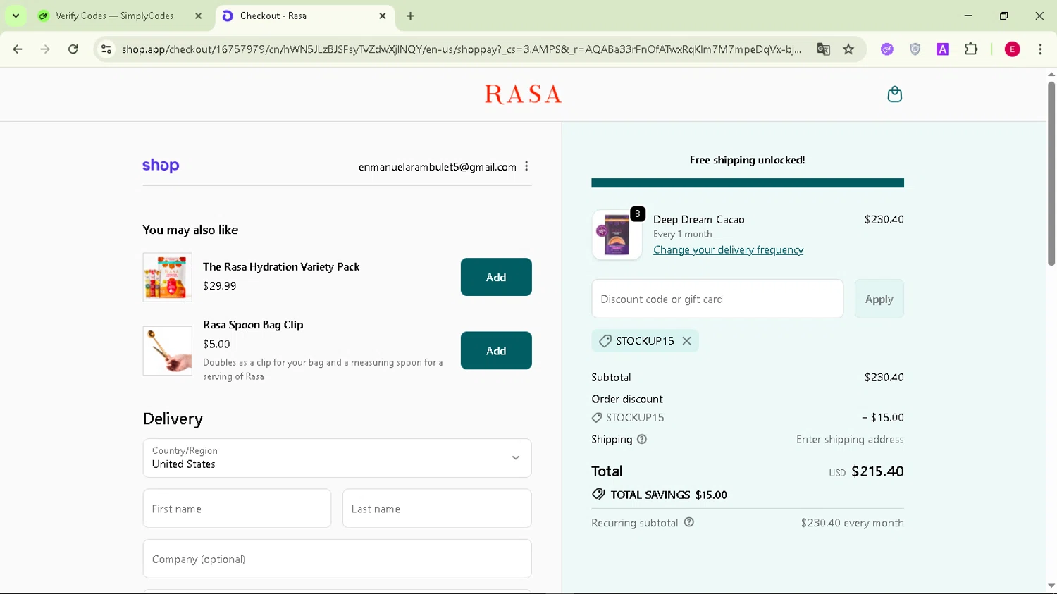 Rasa discount code screenshot showing code STOCKUP15 applied at Rasa checkout page. Uploaded by SimplyCodes community member Arambulet on Nov 15, 2025