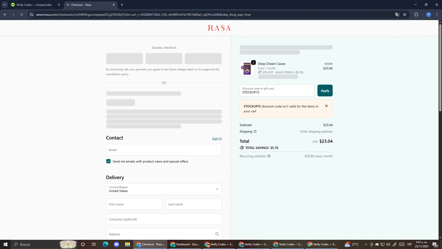 Rasa discount code screenshot showing code STOCKUP15 applied at Rasa checkout page. Uploaded by SimplyCodes community member RoyalExpert3857 on Nov 25, 2025