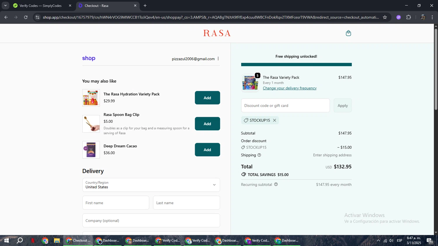 Rasa discount code screenshot showing code STOCKUP15 applied at Rasa checkout page. Uploaded by SimplyCodes community member xxdddd on Nov 3, 2025