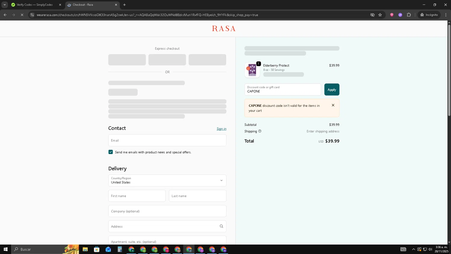 Rasa discount code screenshot showing code CAPONE applied at Rasa checkout page. Uploaded by SimplyCodes community member AVATIGRITO on Nov 20, 2025
