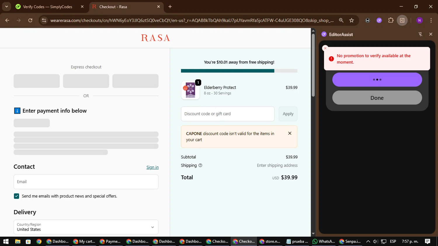 Rasa discount code screenshot showing code CAPONE applied at Rasa checkout page. Uploaded by SimplyCodes community member NATAAAAAANAELCANO on Dec 28, 2025