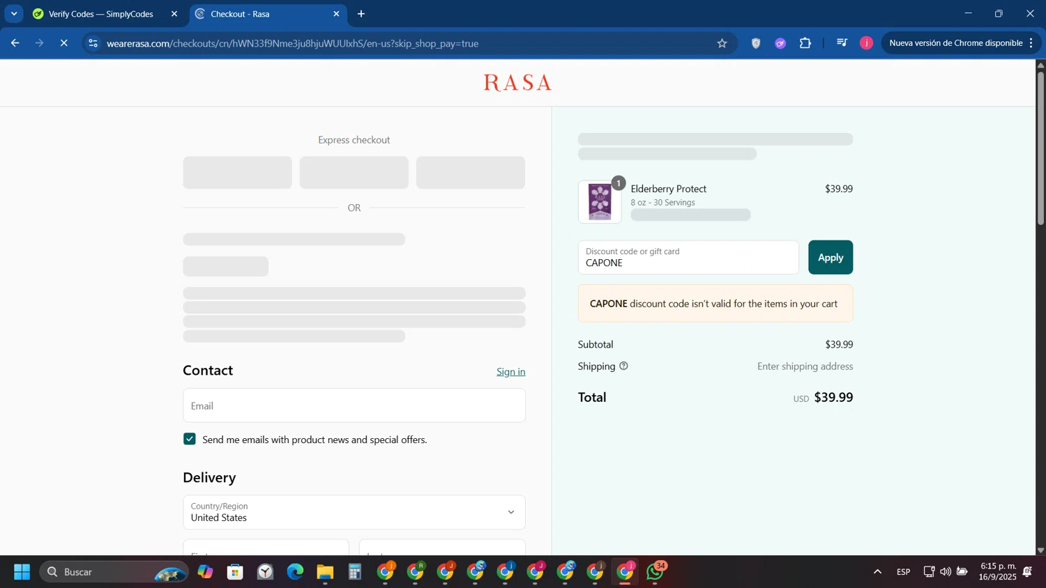 Rasa discount code screenshot showing code CAPONE applied at Rasa checkout page. Uploaded by SimplyCodes community member Tryhard on Sep 16, 2025