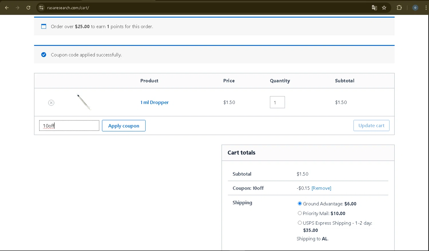 Rasa Research checkout page showing Rasa Research coupon code box | Screenshot taken by SimplyCodes community member on May 11, 2025