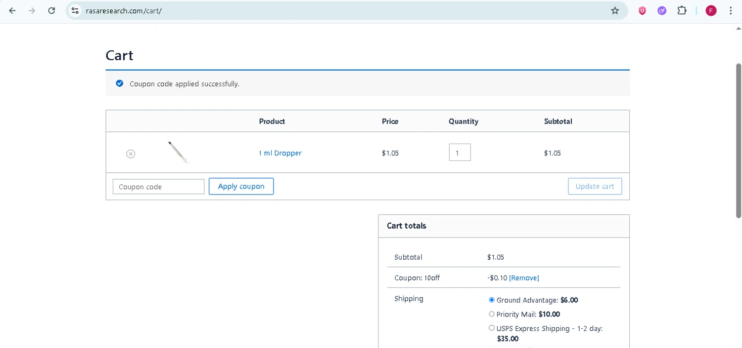 Rasa Research coupon code screenshot showing code 10off applied at Rasa Research checkout page. Uploaded by SimplyCodes community member TokenMonarch796 on Jun 29, 2025