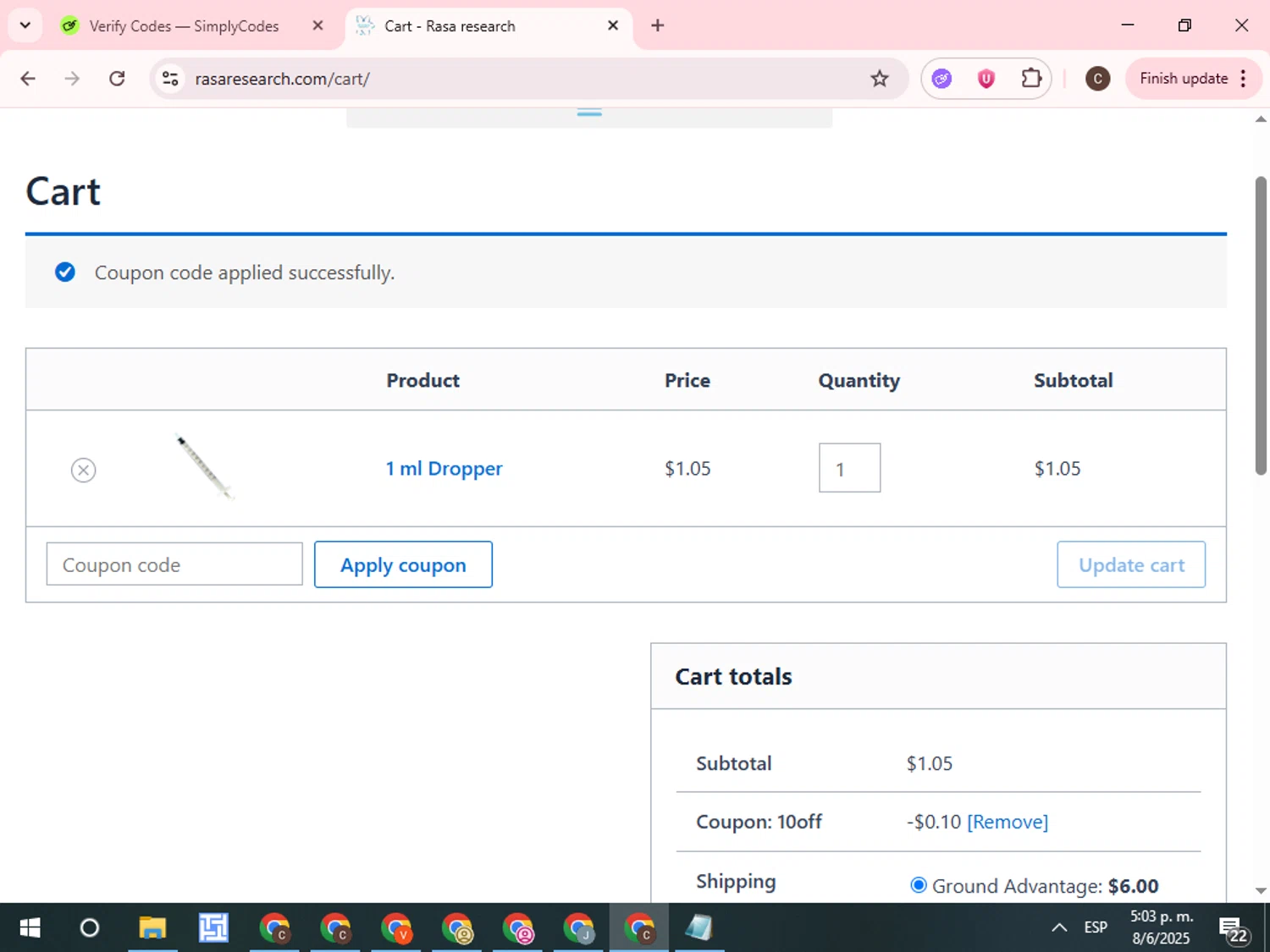 Rasa Research checkout page showing Rasa Research coupon code box | Screenshot taken by SimplyCodes community member on Jun 8, 2025