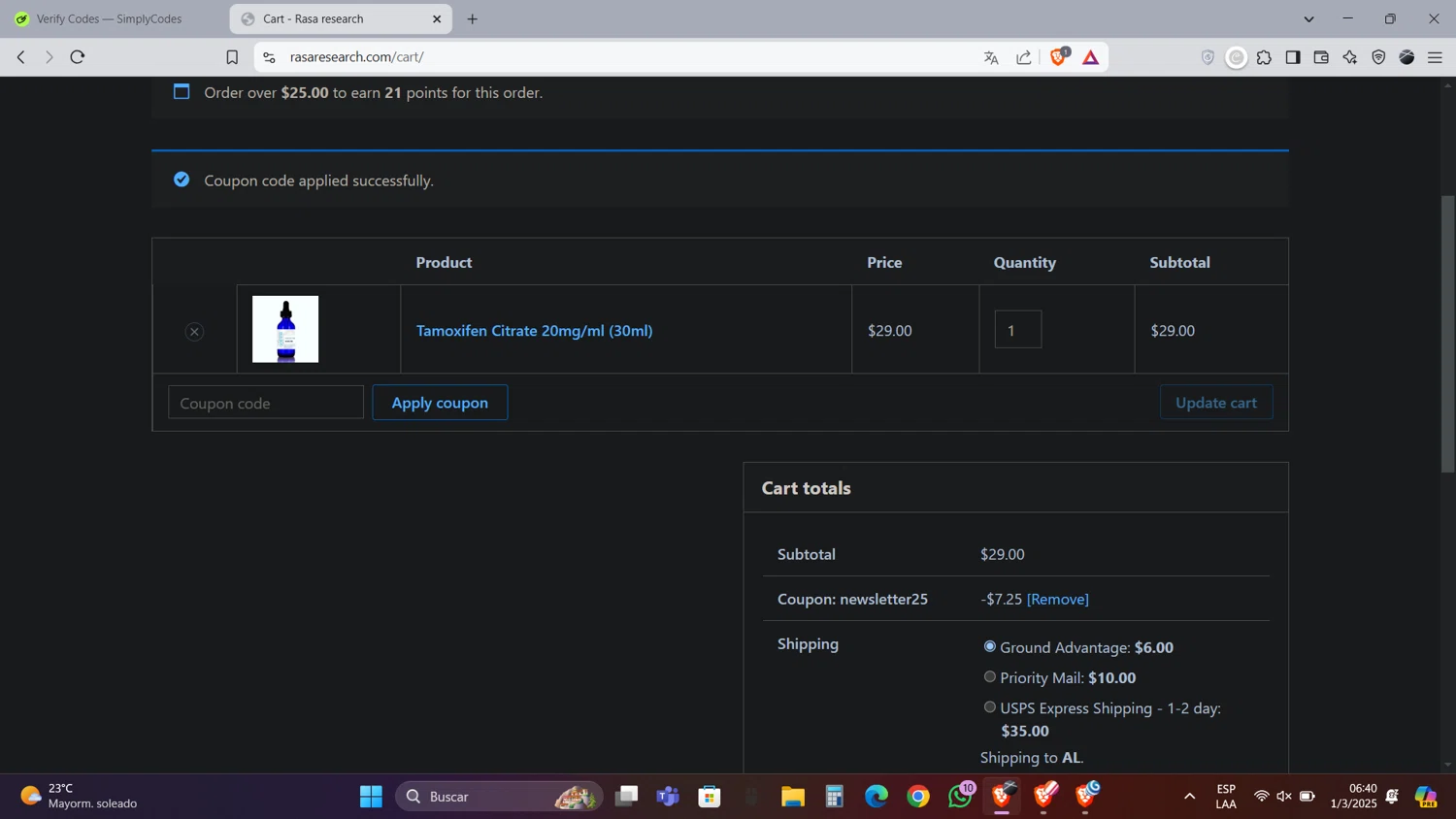 Rasa Research coupon code screenshot showing code NEWSLETTER25 applied at Rasa Research checkout page. Uploaded by SimplyCodes community member Caraxes on Mar 1, 2025