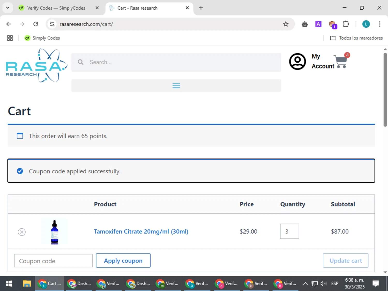 Rasa Research coupon code screenshot showing code NEWSLETTER25 applied at Rasa Research checkout page. Uploaded by SimplyCodes community member LuckyLegend792 on Mar 30, 2025