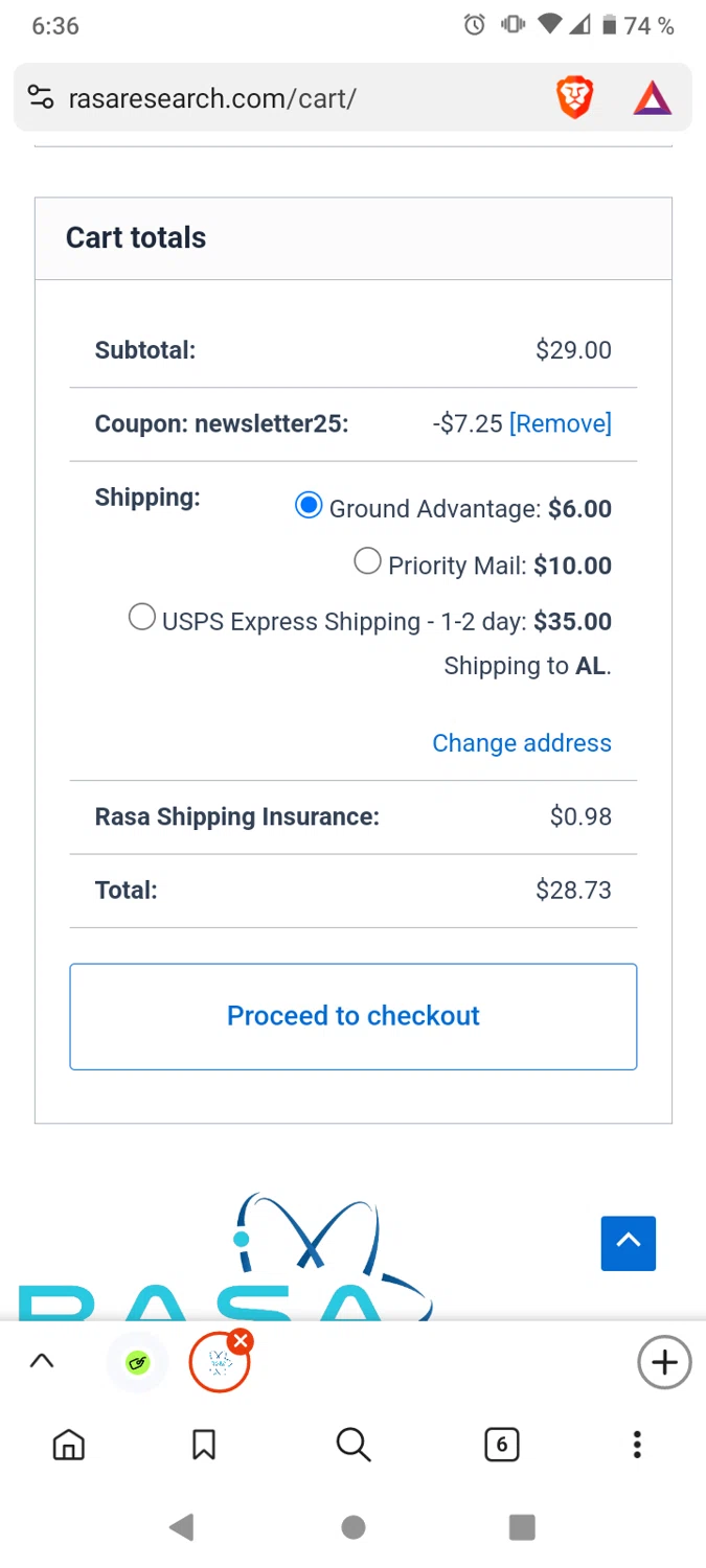 Rasa Research coupon code screenshot showing code NEWSLETTER25 applied at Rasa Research checkout page. Uploaded by SimplyCodes community member victor on May 27, 2025