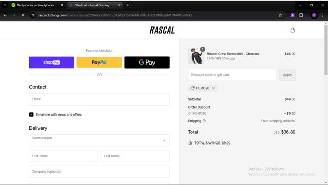Rascal Clothing checkout page showing Rascal Clothing discount code box | Screenshot taken by SimplyCodes community member on Nov 18, 2024