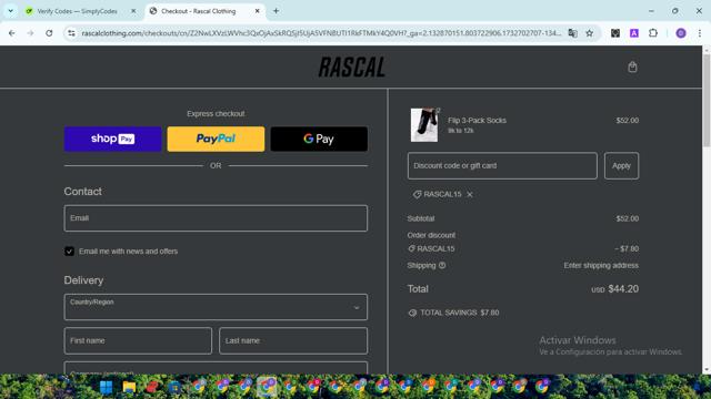 Rascal Clothing checkout page showing Rascal Clothing discount code box | Screenshot taken by SimplyCodes community member on Nov 27, 2024