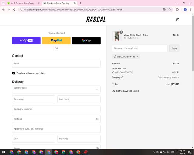 Rascal Clothing checkout page showing Rascal Clothing discount code box | Screenshot taken by SimplyCodes community member on Nov 2, 2024