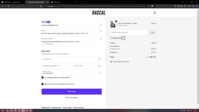 Rascal Clothing checkout page showing Rascal Clothing discount code box | Screenshot taken by SimplyCodes community member on Nov 25, 2024