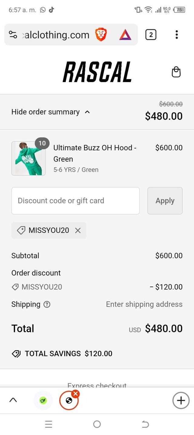 Rascal Clothing checkout page showing Rascal Clothing discount code box | Screenshot taken by SimplyCodes community member on Oct 27, 2024