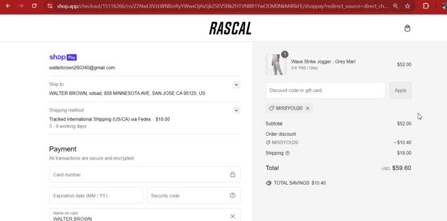 Rascal Clothing checkout page showing Rascal Clothing discount code box | Screenshot taken by SimplyCodes community member on Oct 2, 2024
