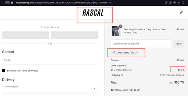 Rascal Clothing checkout page showing Rascal Clothing discount code box | Screenshot taken by SimplyCodes community member on Dec 20, 2024