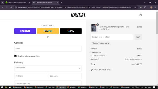 Rascal Clothing checkout page showing Rascal Clothing discount code box | Screenshot taken by SimplyCodes community member on Dec 20, 2024