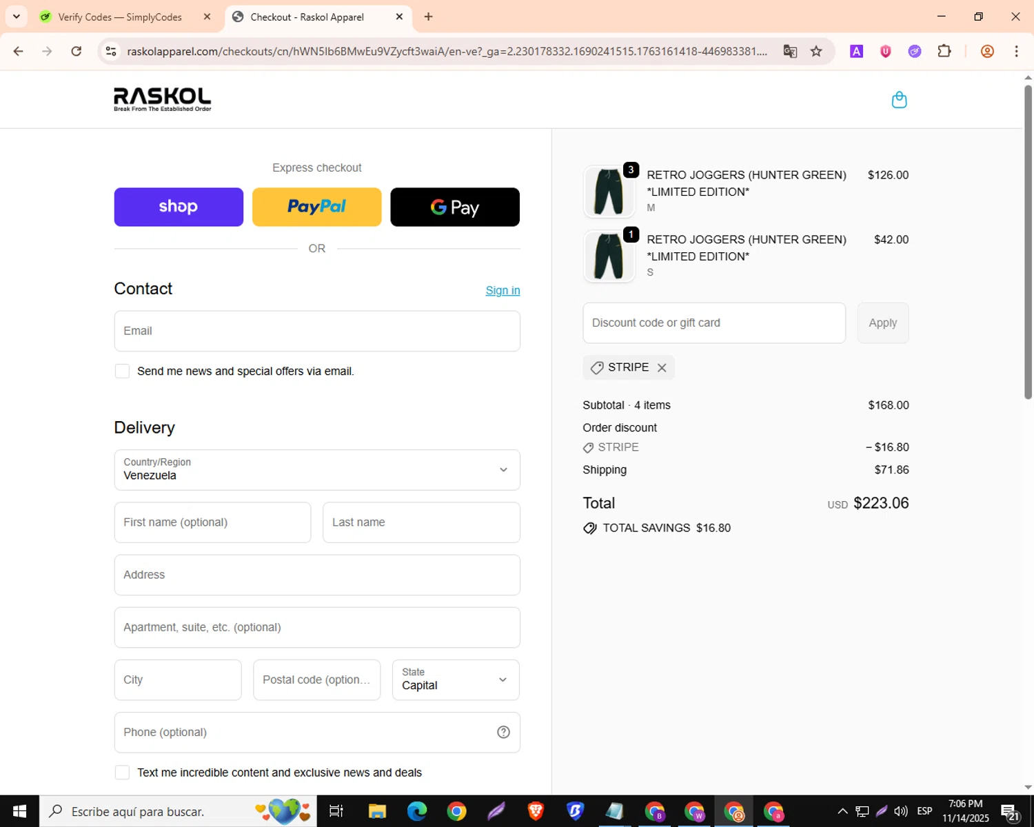 Raskol Apparel discount code screenshot showing code STRIPE applied at Raskol Apparel checkout page. Uploaded by SimplyCodes community member DealMaestro3966 on Nov 14, 2025