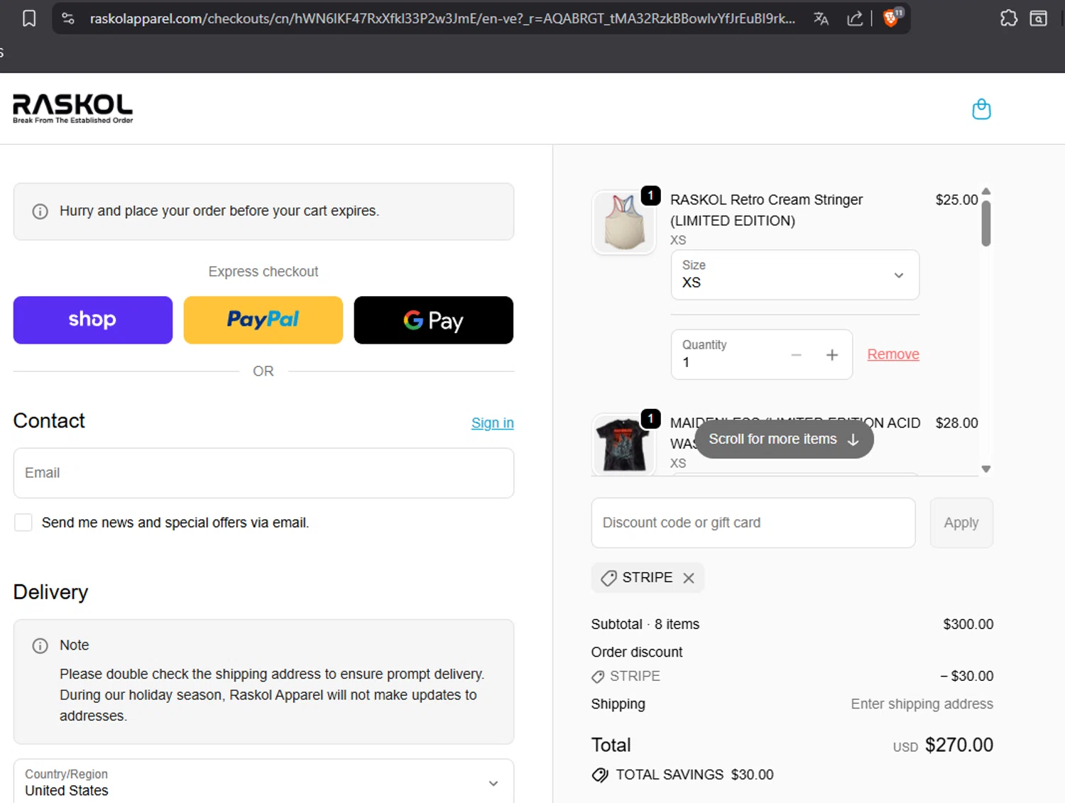 Raskol Apparel discount code screenshot showing code STRIPE applied at Raskol Apparel checkout page. Uploaded by SimplyCodes community member MiguelI on Dec 11, 2025