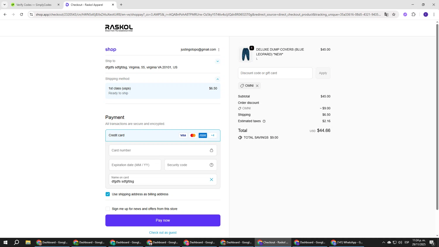 Raskol Apparel discount code screenshot showing code OMNI applied at Raskol Apparel checkout page. Uploaded by SimplyCodes community member AberthGotopo on Nov 30, 2025