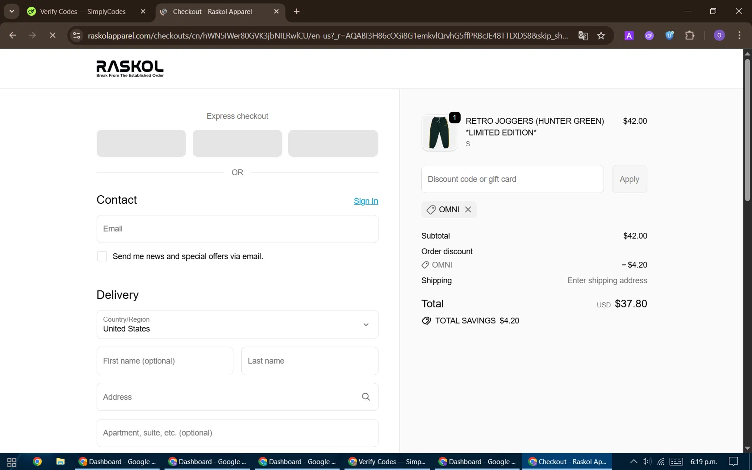 Raskol Apparel discount code screenshot showing code OMNI applied at Raskol Apparel checkout page. Uploaded by SimplyCodes community member BudgetHawk9503 on Nov 14, 2025