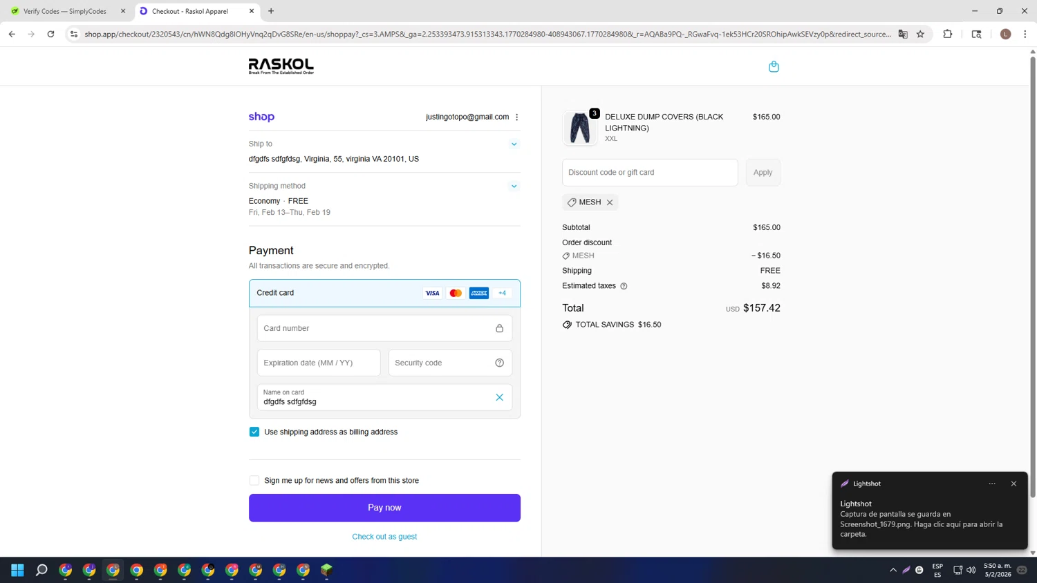 Raskol Apparel discount code screenshot showing code MESH applied at Raskol Apparel checkout page. Uploaded by SimplyCodes community member BENELLI on Feb 5, 2026