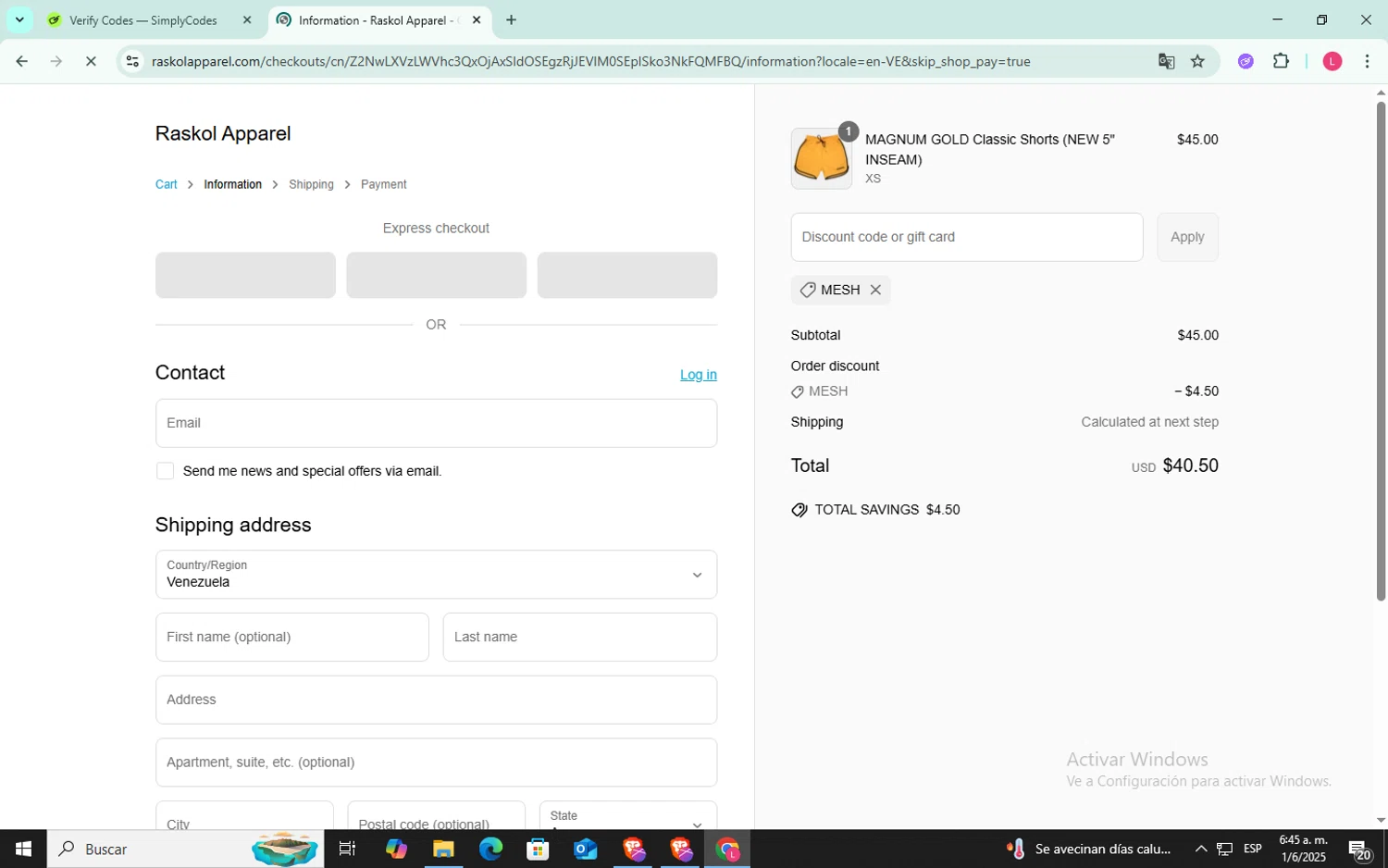 Raskol Apparel discount code screenshot showing code MESH applied at Raskol Apparel checkout page. Uploaded by SimplyCodes community member SilverFox3257 on Jun 1, 2025