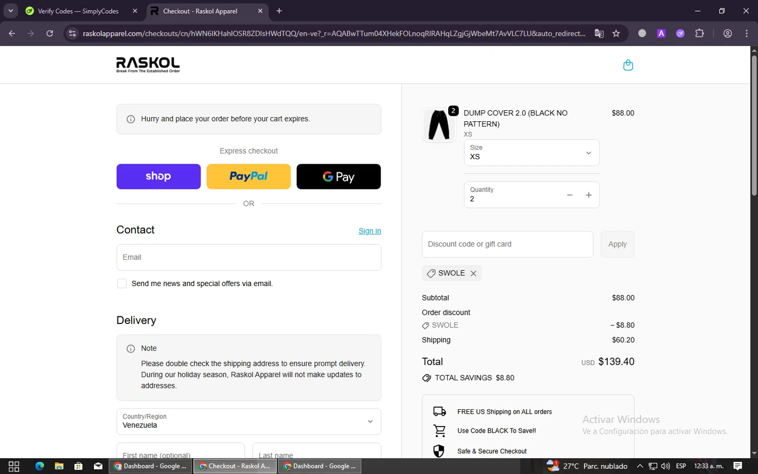 Raskol Apparel discount code screenshot showing code SWOLE applied at Raskol Apparel checkout page. Uploaded by SimplyCodes community member ShieldPioneer5726 on Dec 11, 2025