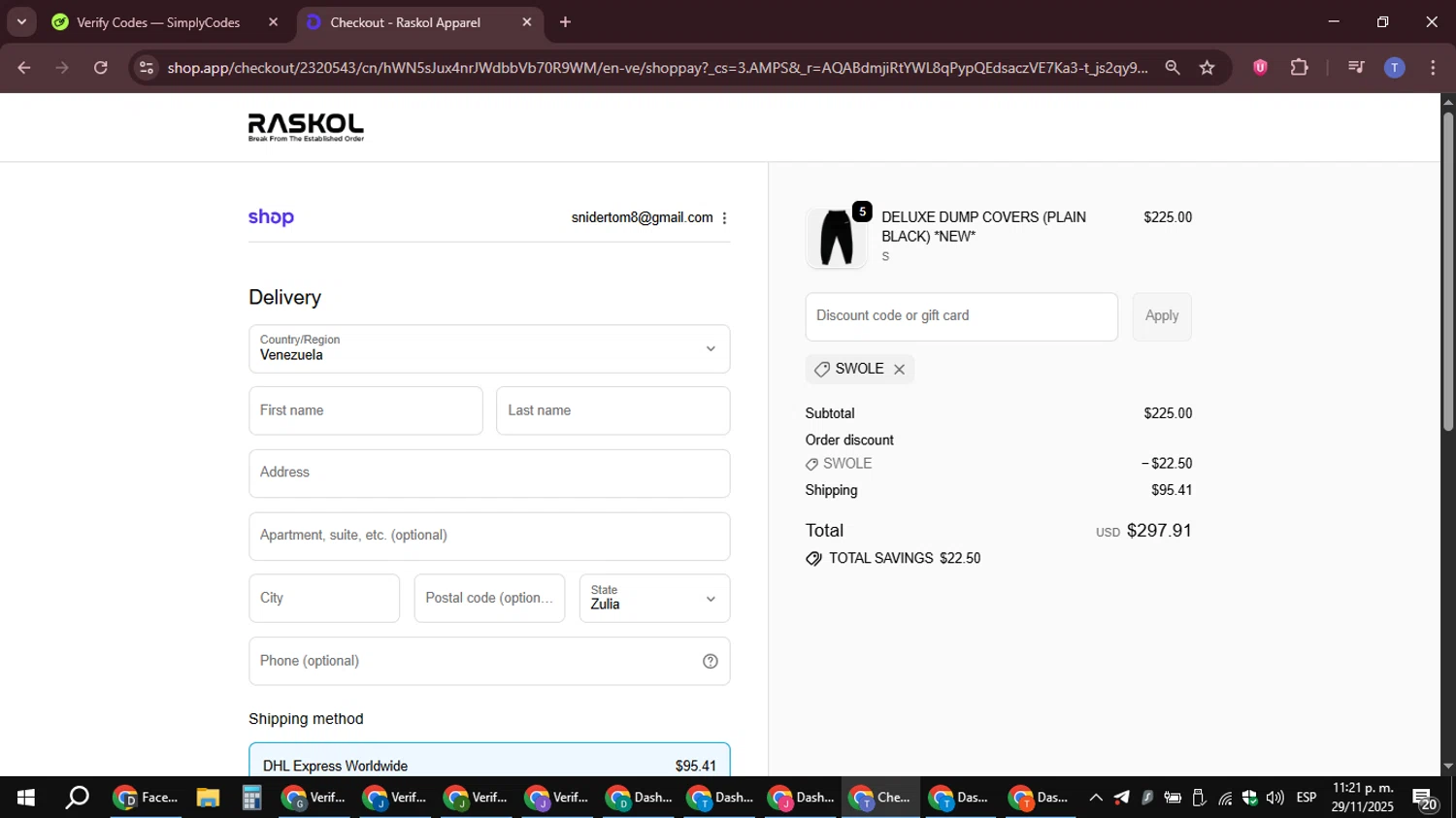 Raskol Apparel discount code screenshot showing code SWOLE applied at Raskol Apparel checkout page. Uploaded by SimplyCodes community member snidertom8 on Nov 30, 2025