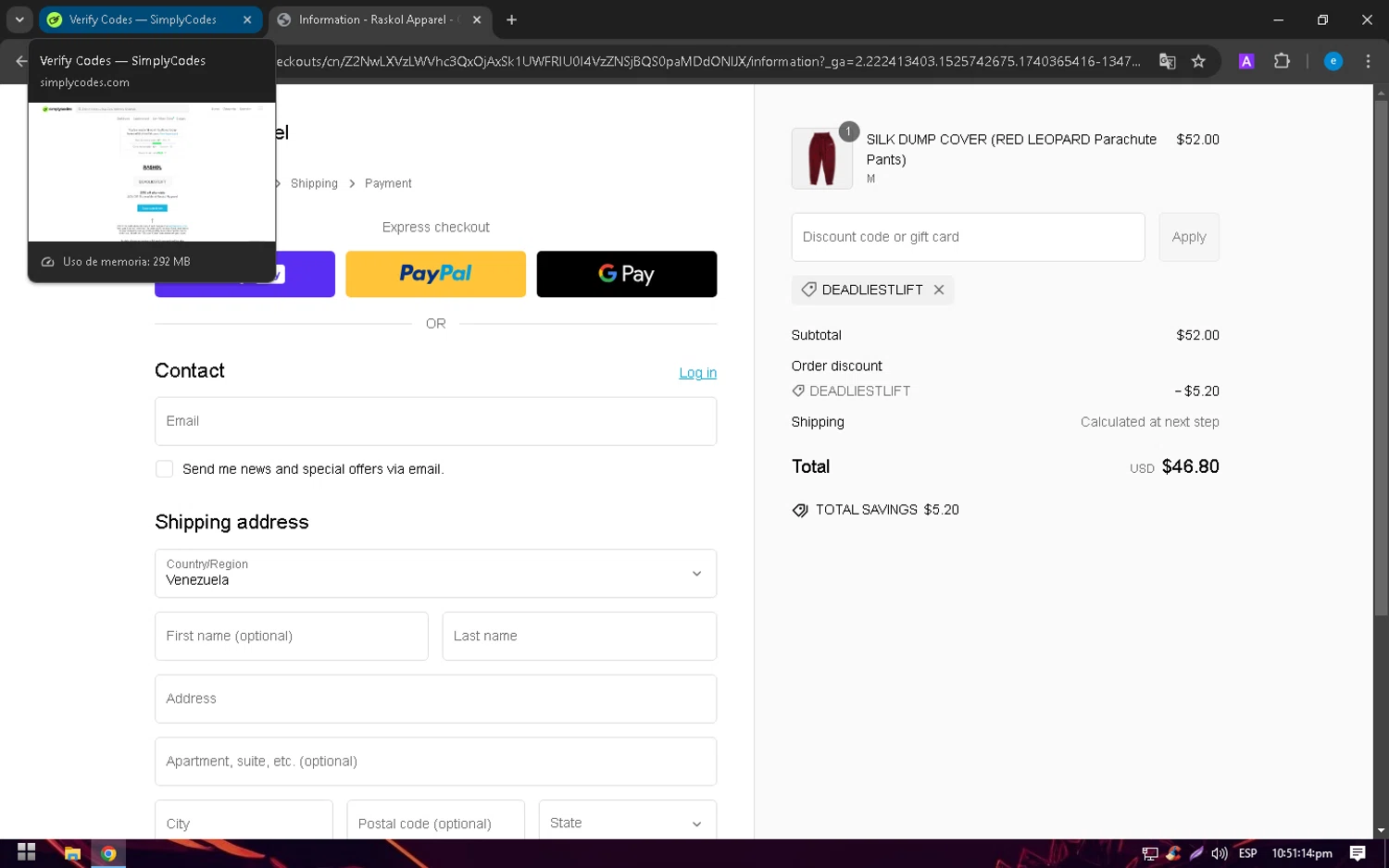 Raskol Apparel discount code screenshot showing code DEADLIESTLIFT applied at Raskol Apparel checkout page. Uploaded by SimplyCodes community member Elvis_Medina on Feb 24, 2025