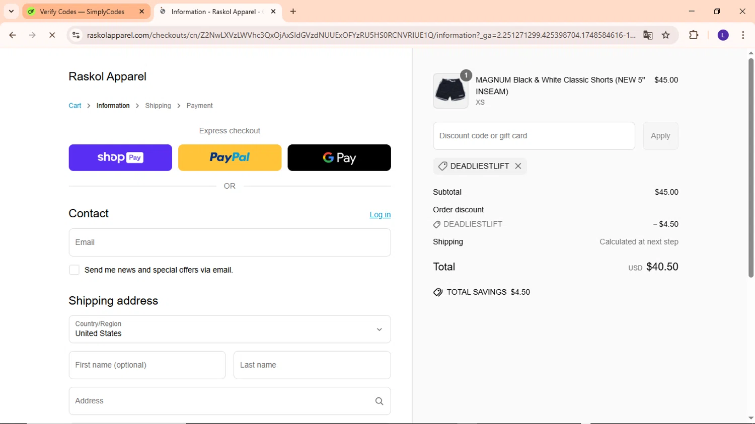 Raskol Apparel discount code screenshot showing code DEADLIESTLIFT applied at Raskol Apparel checkout page. Uploaded by SimplyCodes community member EpicWarden3081 on May 30, 2025