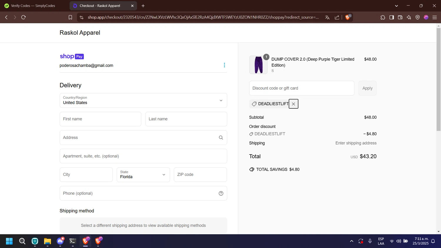 Raskol Apparel discount code screenshot showing code DEADLIESTLIFT applied at Raskol Apparel checkout page. Uploaded by SimplyCodes community member esperanza on Mar 25, 2025