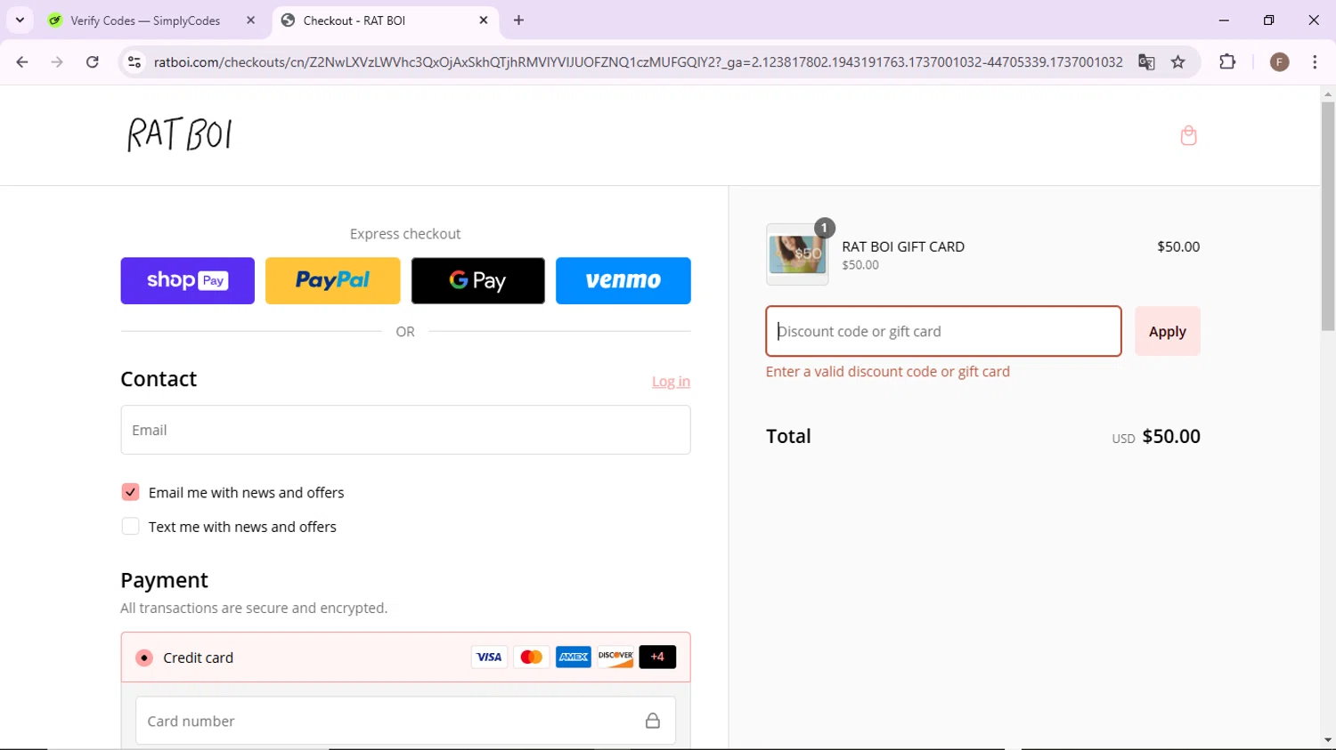 RAT BOI discount code screenshot showing code NICE applied at RAT BOI checkout page. Uploaded by SimplyCodes community member CashLion2660 on Jan 16, 2025