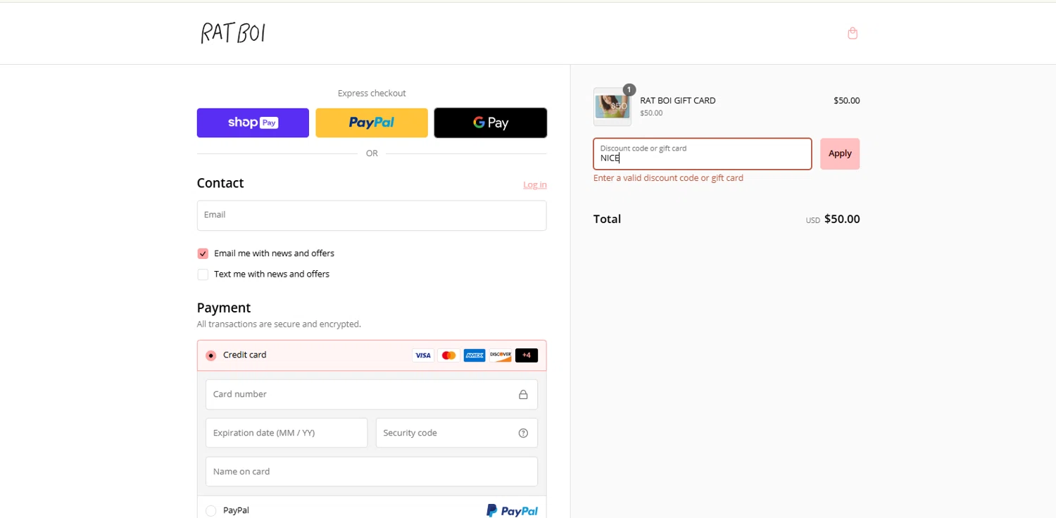 RAT BOI discount code screenshot showing code NICE applied at RAT BOI checkout page. Uploaded by SimplyCodes community member kalltrom21 on Jan 16, 2025