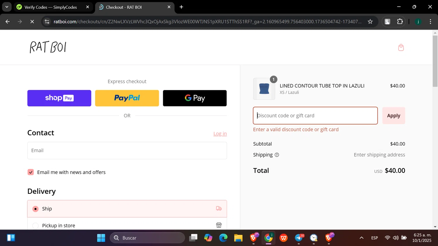RAT BOI discount code screenshot showing code RATPACK20 applied at RAT BOI checkout page. Uploaded by SimplyCodes community member hanzell03 on Jan 10, 2025