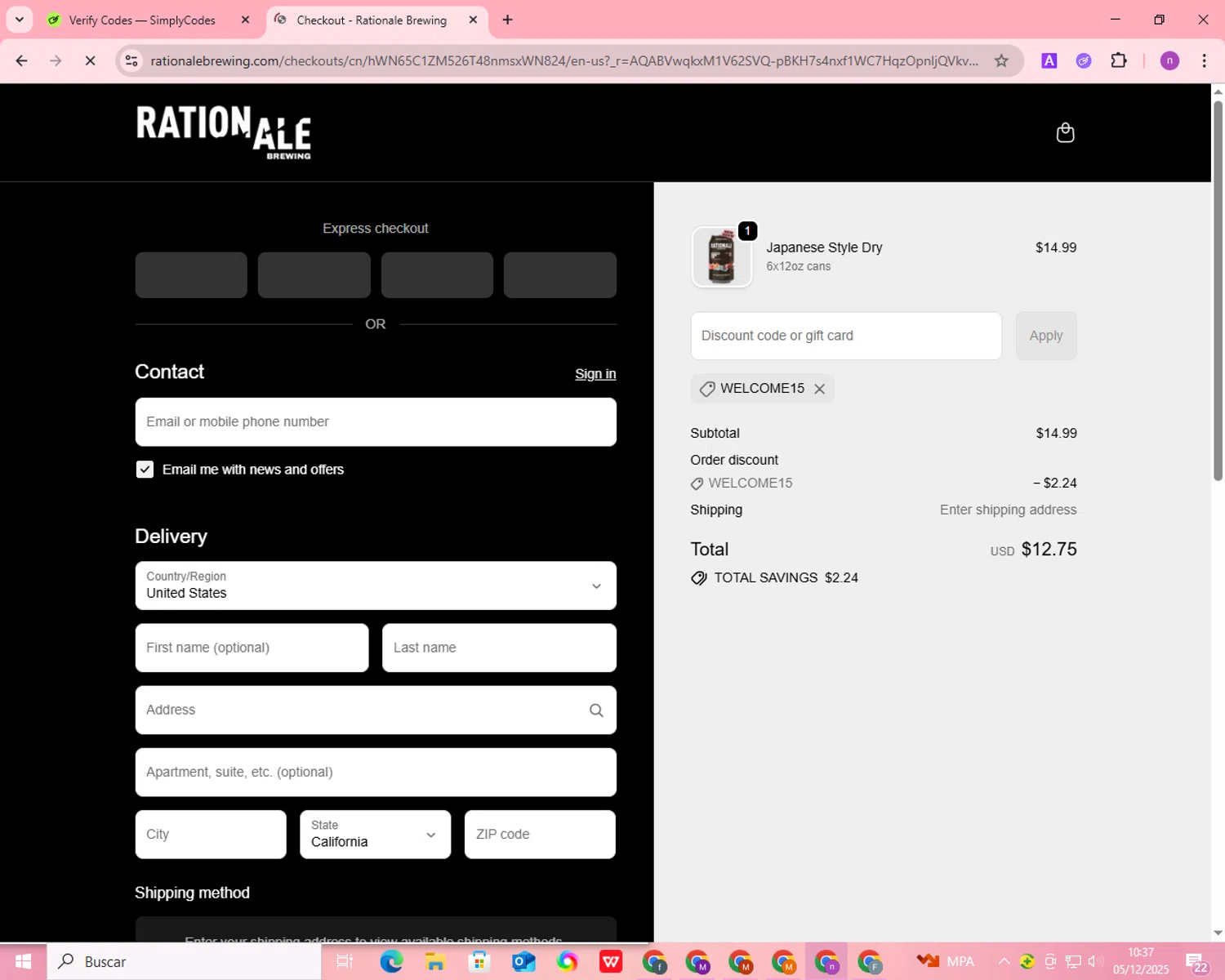 RationAle Brewing promo code screenshot showing code WELCOME15 applied at RationAle Brewing checkout page. Uploaded by SimplyCodes community member PromoWizard9762 on Dec 5, 2025