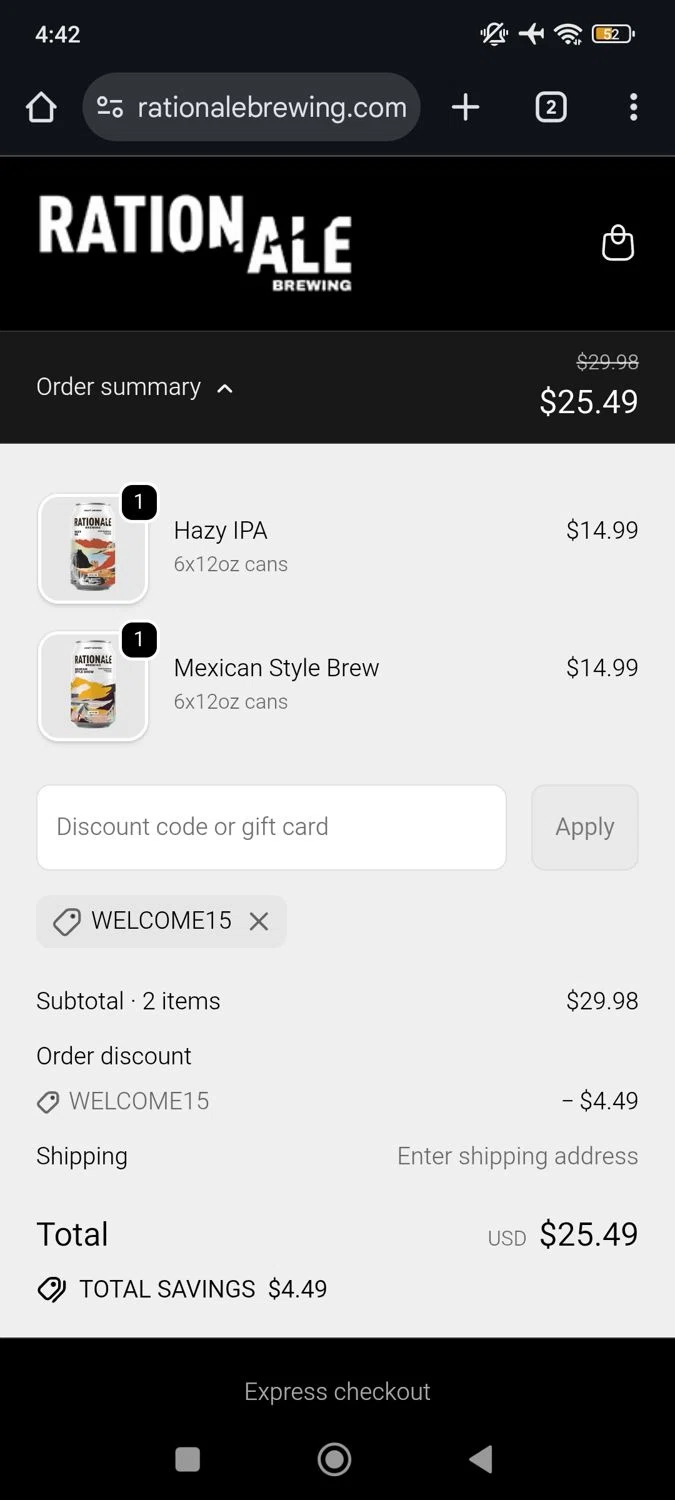 RationAle Brewing promo code screenshot showing code WELCOME15 applied at RationAle Brewing checkout page. Uploaded by SimplyCodes community member RoyalSpotter5217 on Sep 25, 2025