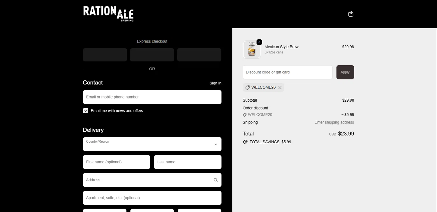 RationAle Brewing promo code screenshot showing code WELCOME20 applied at RationAle Brewing checkout page. Uploaded by SimplyCodes community member BrillianteMaestro892 on Nov 9, 2025