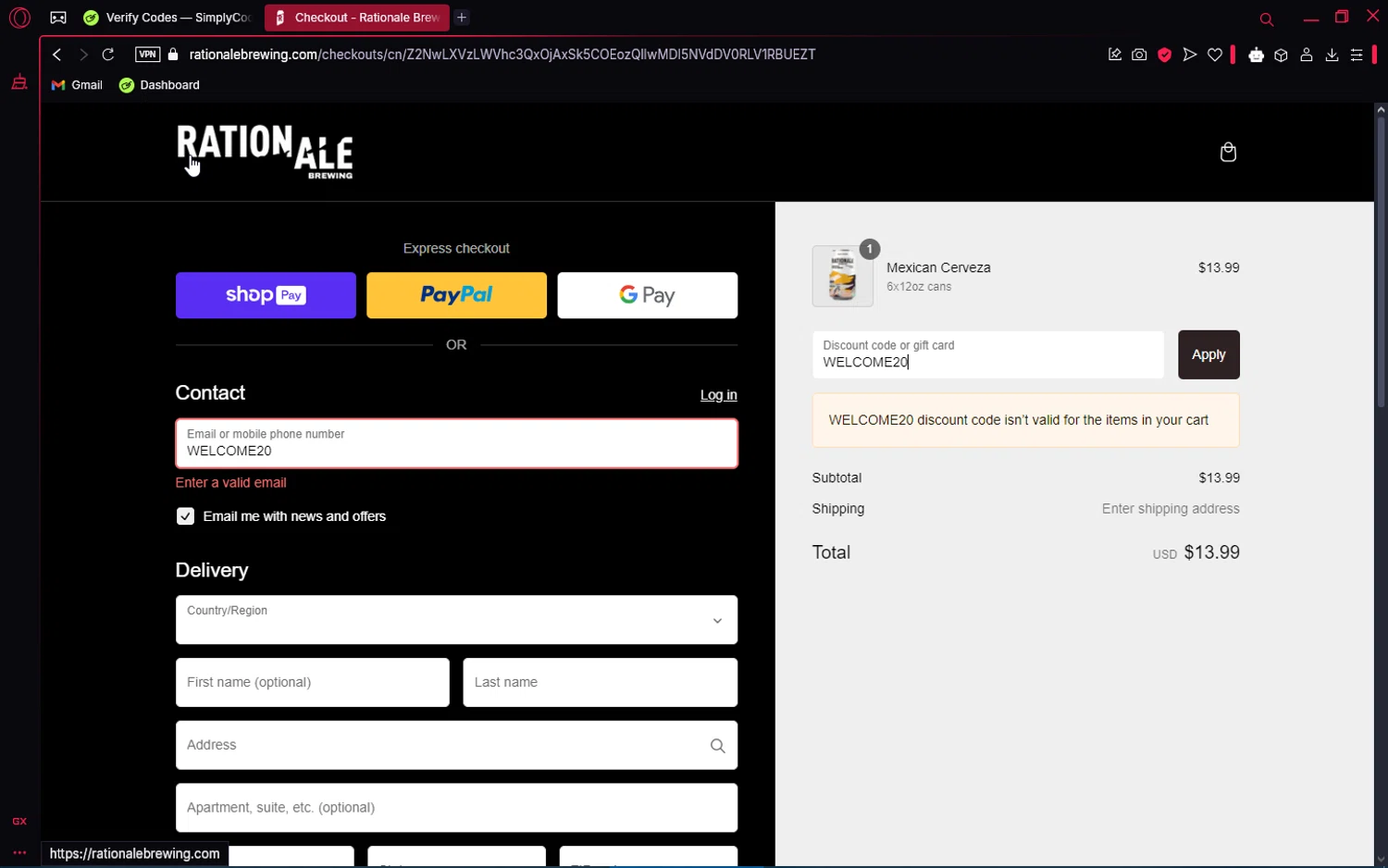 RationAle Brewing promo code screenshot showing code WELCOME20 applied at RationAle Brewing checkout page. Uploaded by SimplyCodes community member VoucherAce8469 on Mar 2, 2025