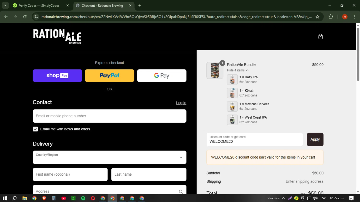 RationAle Brewing promo code screenshot showing code WELCOME20 applied at RationAle Brewing checkout page. Uploaded by SimplyCodes community member NobleSentinel6058 on Mar 7, 2025