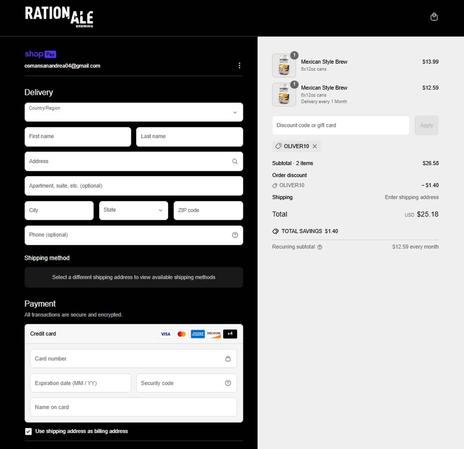 RationAle Brewing promo code screenshot showing code OLIVER10 applied at RationAle Brewing checkout page. Uploaded by SimplyCodes community member ElonMusk on Mar 26, 2025