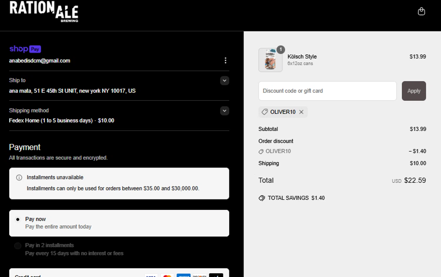 RationAle Brewing promo code screenshot showing code OLIVER10 applied at RationAle Brewing checkout page. Uploaded by SimplyCodes community member anaoee on Jun 19, 2025