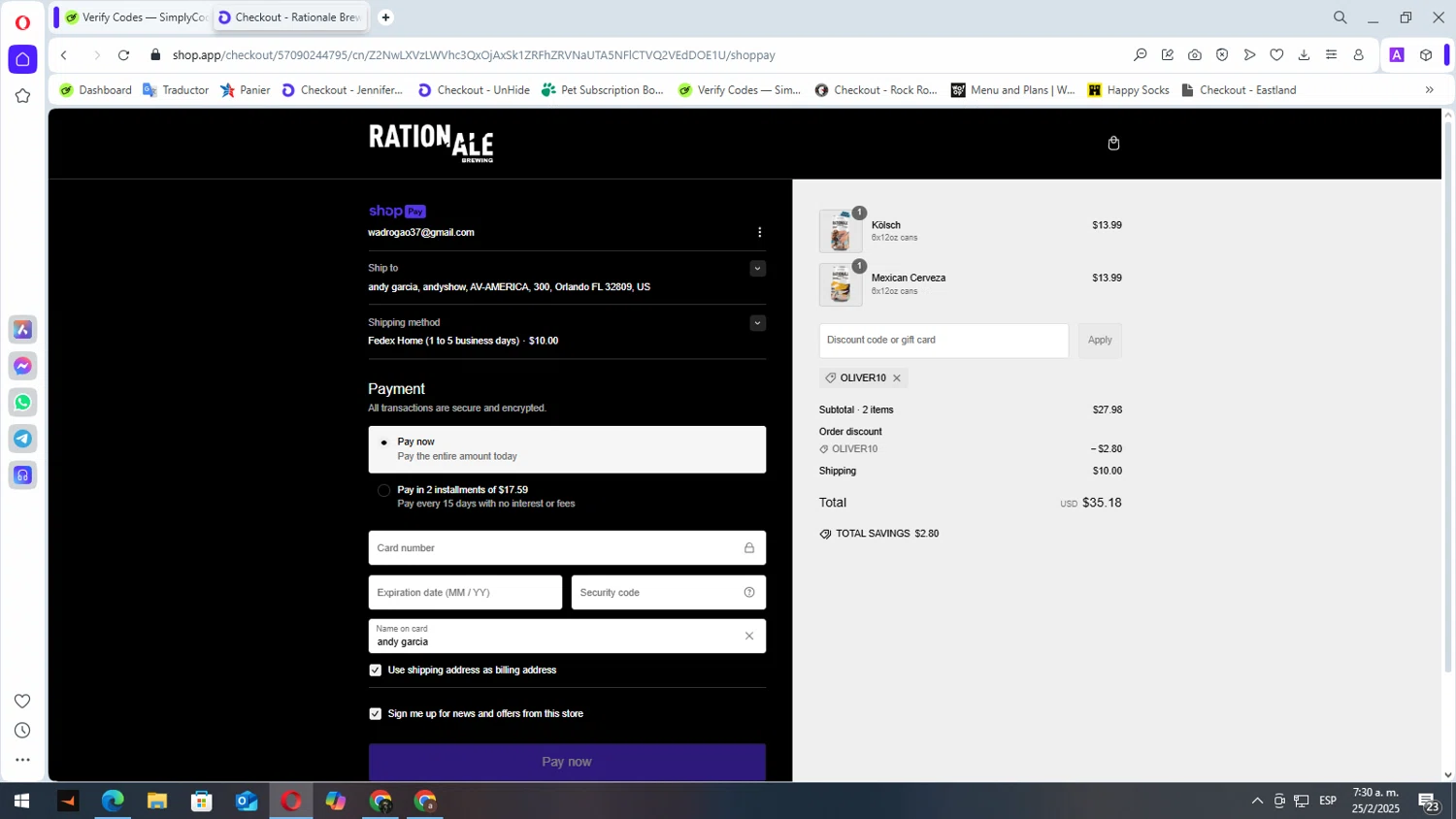RationAle Brewing promo code screenshot showing code OLIVER10 applied at RationAle Brewing checkout page. Uploaded by SimplyCodes community member elbicho22 on Feb 25, 2025