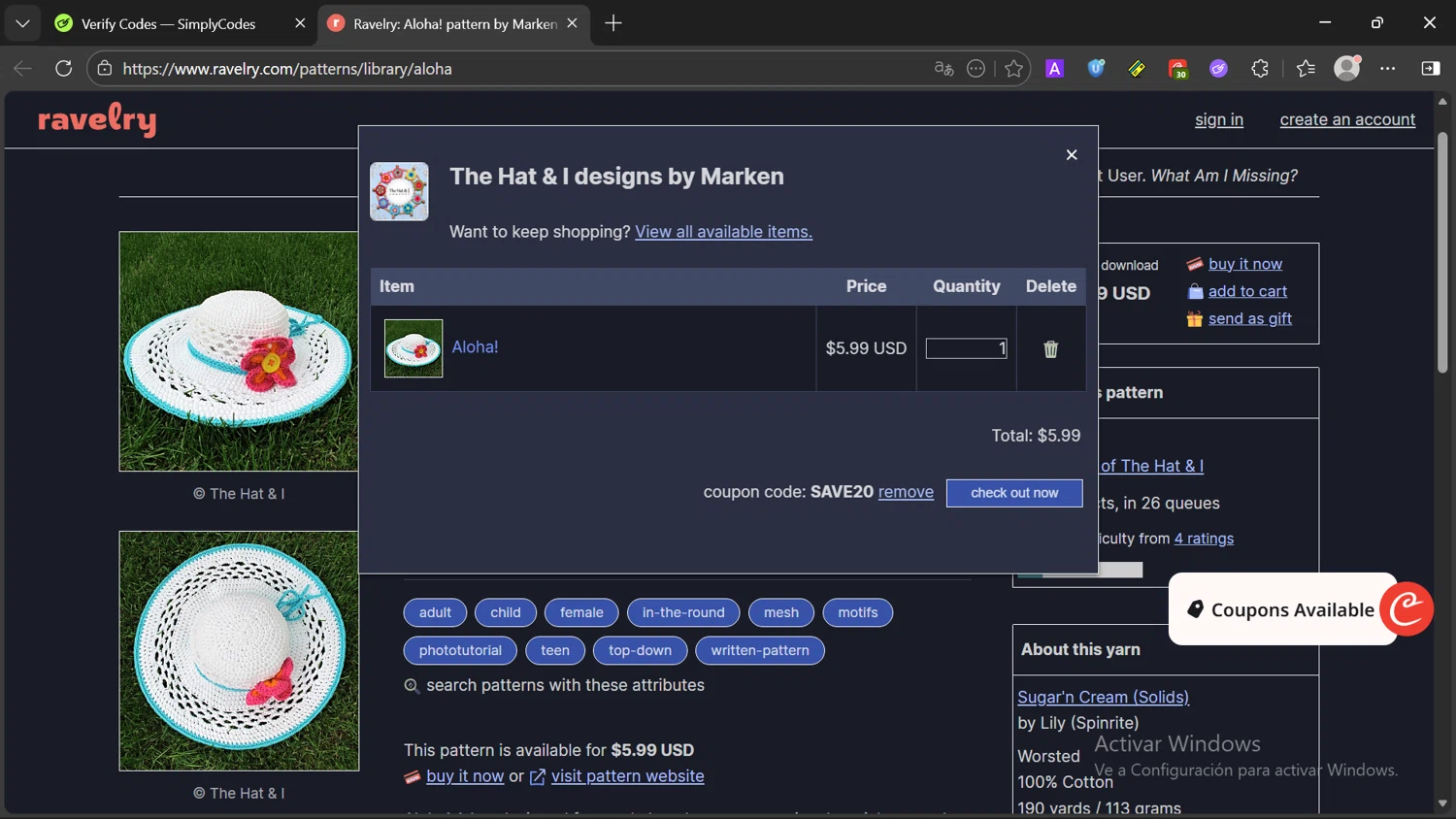 Ravelry coupon code screenshot showing code SAVE20 applied at Ravelry checkout page. Uploaded by SimplyCodes community member Chimoltigrito on Dec 25, 2025