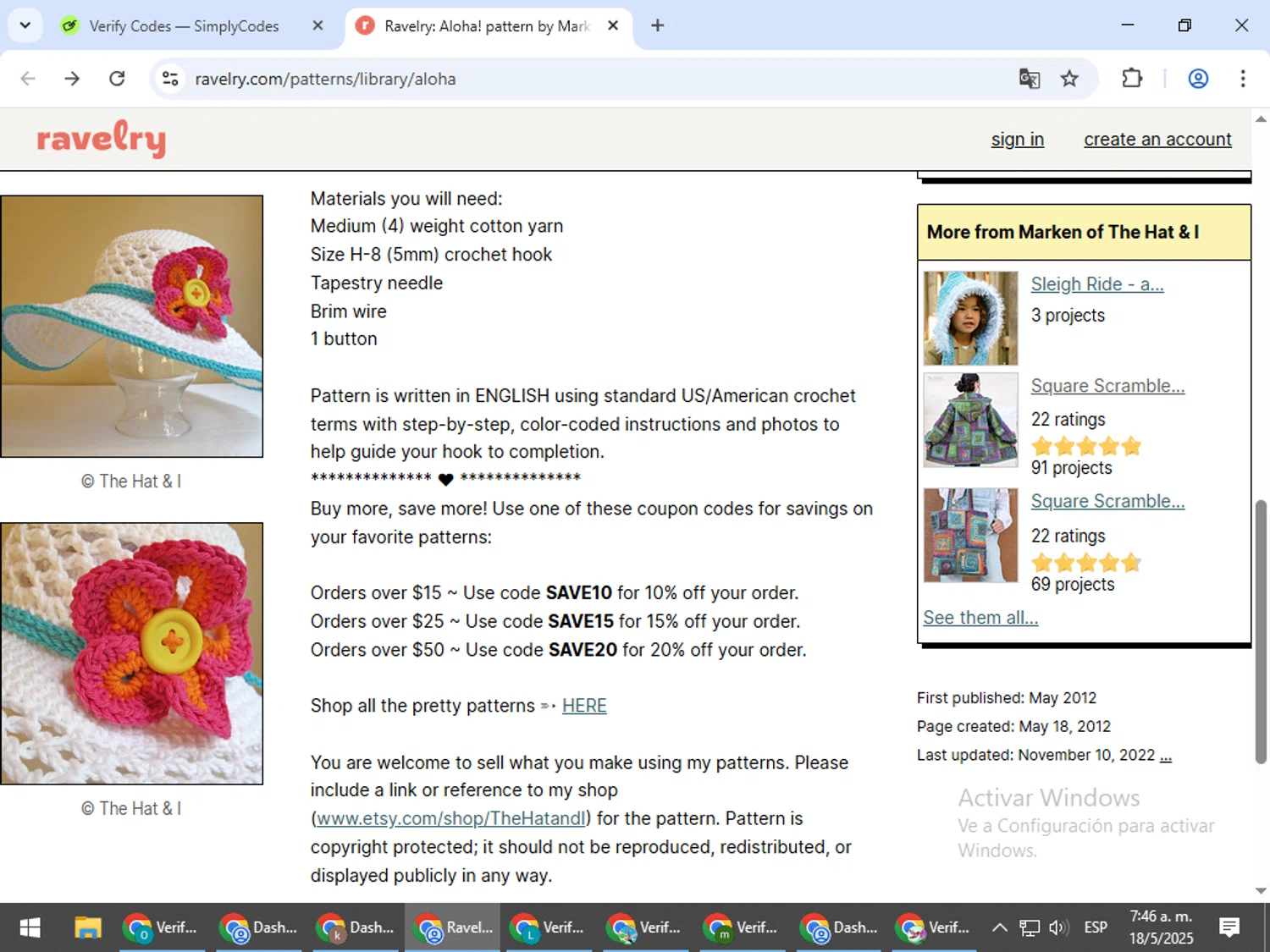 Ravelry coupon code screenshot showing code SAVE20 applied at Ravelry checkout page. Uploaded by SimplyCodes community member bombontropical on May 18, 2025