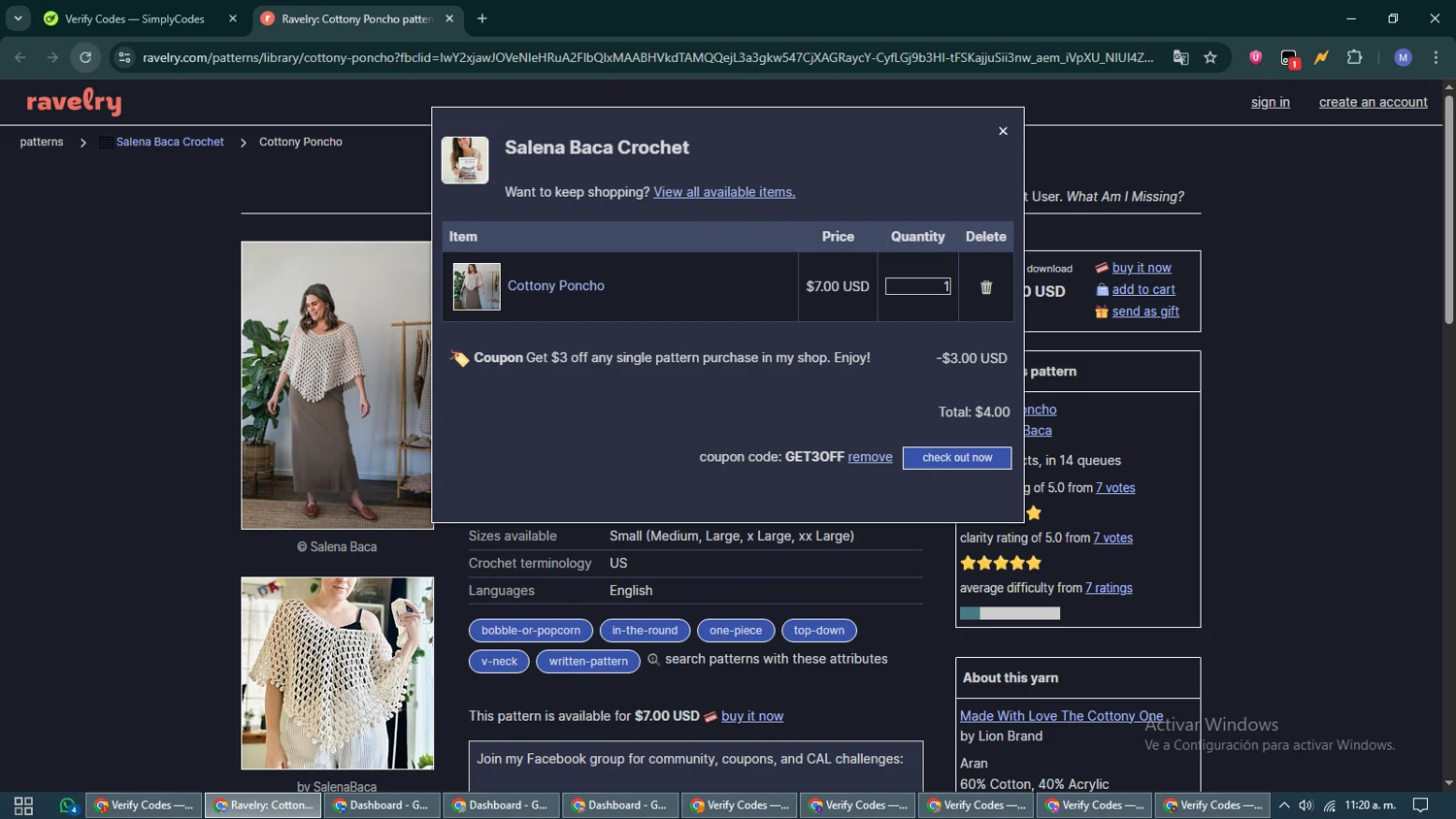 Ravelry coupon code screenshot showing code GET3OFF applied at Ravelry checkout page. Uploaded by SimplyCodes community member VoucherCurator824 on Dec 10, 2025