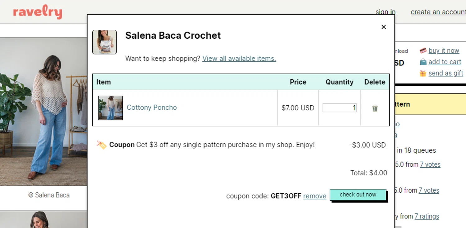 Ravelry coupon code screenshot showing code GET3OFF applied at Ravelry checkout page. Uploaded by SimplyCodes community member taylersmith on Feb 7, 2026